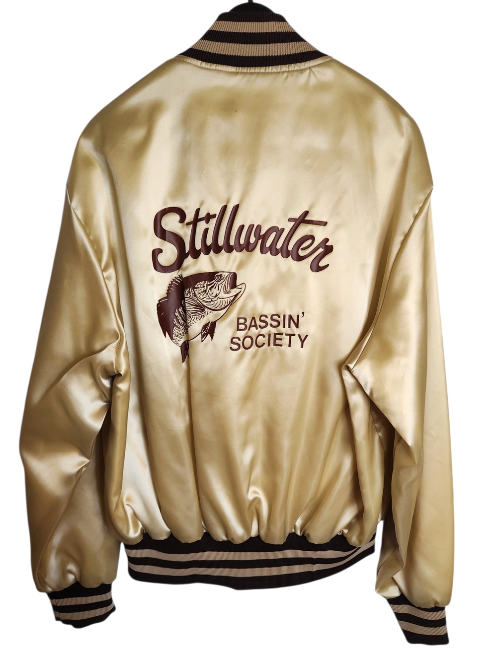 Vintage Holloway Stillwater Bassin’ Society Satin Bomber Jacket XL + Free Patch!